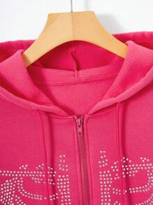 SHEIN Unity Plus Halloween Skeleton Rhinestone Zip Up Drawstring Thermal Lined Hoodie - Pink - View 5