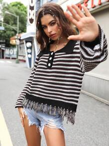 Lunelith SHEIN Lunessa Jersey con patrón de rayas de hombros caídos bajo con fleco