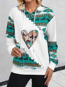 SHEIN LUNE Heart & Geo Print Kangaroo Pocket Drop Shoulder Drawstring Hoodie - White - View 5