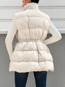 EURMUSE Flap Pocket Zip Up Vest Puffer Coat - Beige - View 2