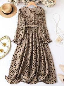 SHEIN Clasi Plus Dalmatian Print Flare Sleeve Ruffle Hem Belted Dress - Coffee Brown - View 2