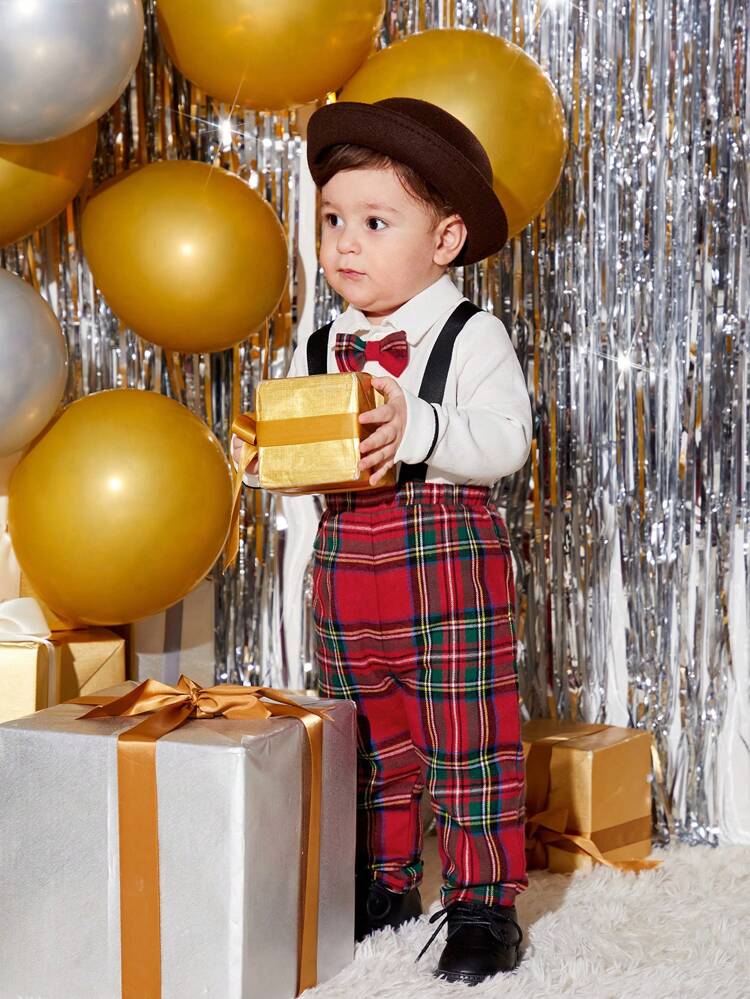 Baby Boy Tartan Print Bow Front Shirt & Suspender Pants, For Christmas Autumn Winter Clothes FGirlmen