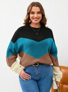 SHEIN Essnce 大碼撞色落肩袖套頭毛衣 - 彩色 - 查看 1
