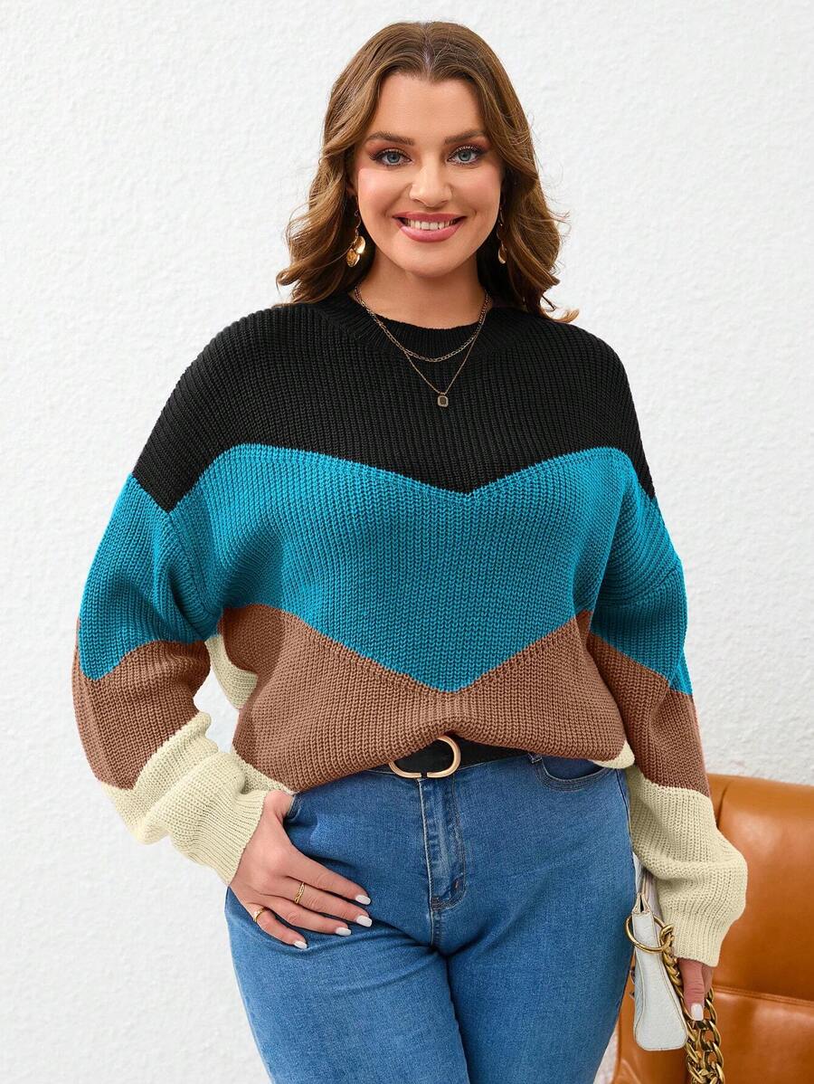 SHEIN Essnce 大碼撞色落肩袖套頭毛衣 - 彩色 - 查看 1