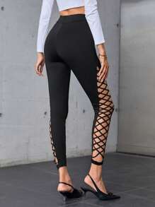 SHEIN Privé Cut Out Criss Cross Leggings - Black - View 2