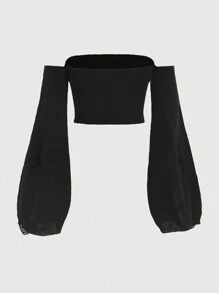 ROMWE Goth 加十字圖案破洞短款毛衣 - 黑色 - 查看 2