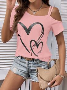 SHEIN LUNE Heart Print Asymmetrical Neck Tee - Pink - View 4