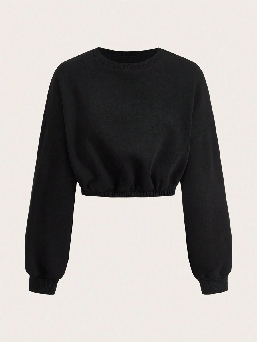 SHEIN BASICS Sport Cozy Fleece Solid Drop Shoulder Crop Sweatshirt,Long Sleeve Tops In Fall/Winter - Black - View 1