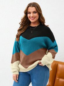 SHEIN Essnce 大碼撞色落肩袖套頭毛衣 - 彩色 - 查看 4