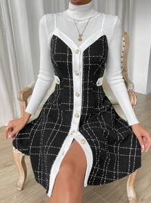 Chiquease In kẻ sọc Nút phía trước Váy Dây Không có áo len - màu đen - Xem 1