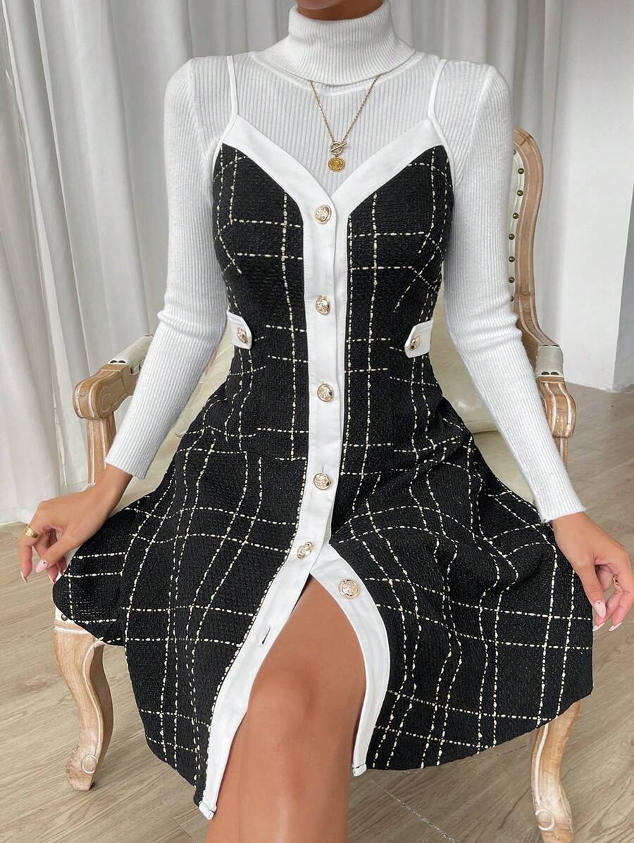 Chiquease In kẻ sọc Nút phía trước Váy Dây Không có áo len - màu đen - Xem 1