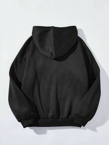 SHEIN EZwear 休閒簡約長袖帽衫，手勢愛心和字母印花設計，適合秋冬季節，女性超大尺碼 - 黑色 - 查看 2