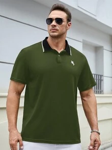 GENTILAND 男士大码刺繡馬圖案拼接領POLO衫 - 軍綠色 - 查看 4