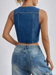 SHEIN EZwear Button Front Crop Denim Vest Jacket - Medium Wash - View 2