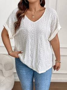 SHEIN Franclia Hơn Lỗ gắn thêu tay cánh Áo thun - Màu be - Xem 6