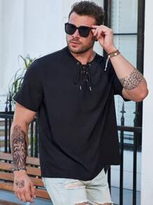 Manfinity Homme 男士大码前抽繩襯衫 - 黑色 - 查看 4