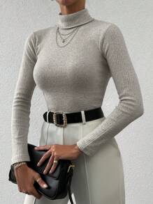 EURMUSE Turtleneck Ribbed Knit Sweater - Light Grey - View 3