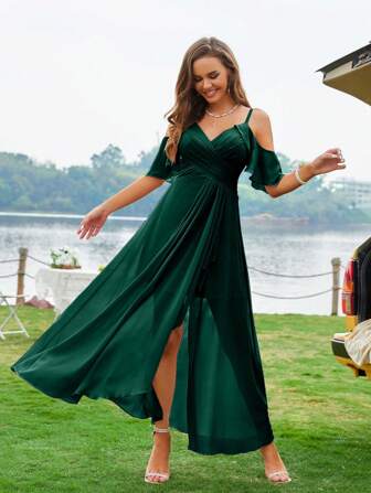 挖肩褶邊圍裹下擺雪紡伴娘洋裝