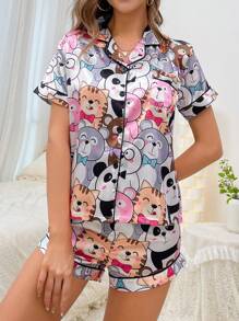 Cartoon Graphic Contrast Piping PJ Set / Pajama Set - Multicolor - View 5