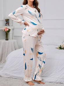 Maternity Plants Print Tie Neck Ruffle Trim PJ Set - Multicolor - View 3