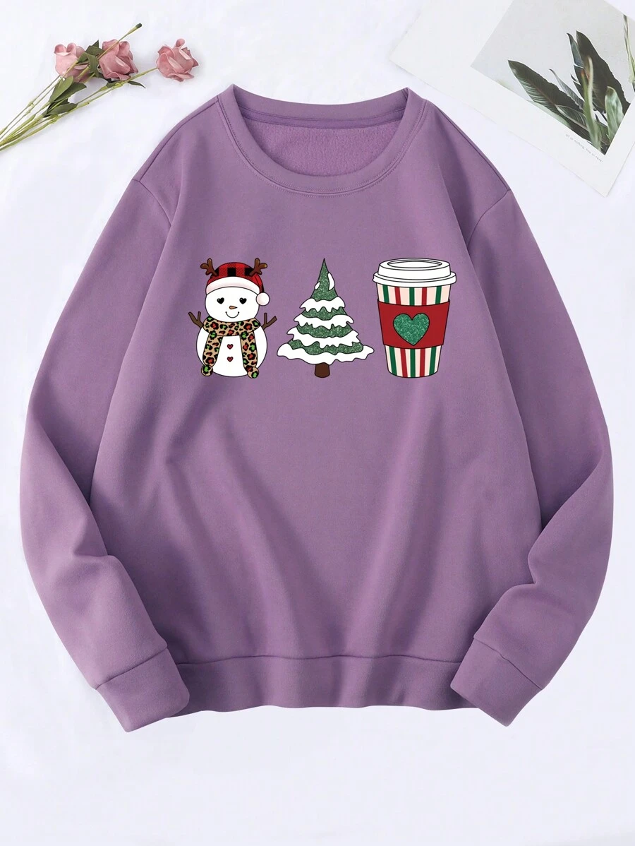 SHEIN EZwear 聖誕圖案加絨內裏運動衫 - 淡紫色 - 查看 1