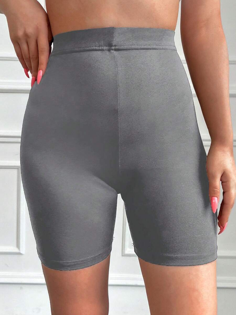 Cottnline Solid High Waist Biker Shorts - Grey - View 1