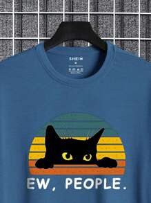 Manfinity Dauomo 男士貓和標語圖案T恤 - 藏蓝色 - 查看 4