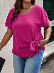 SHEIN Privé Hơn Chất rắn Nút ven tay cánh Áo sơ mi - Màu Hồng Tươi - Xem 4