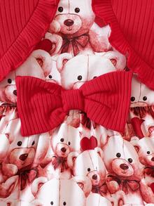 SHEIN Baby Girl Bear Print Bow Front 2 In 1 Dress - Multicolor - View 4