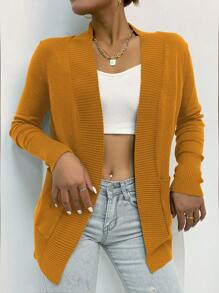 AAmilife Open Front Pocket Side Cardigan,Long Sleeve Tops - Mustard Yellow - View 8
