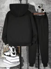 Tween Boy Figure Graphic Hoodie & Letter Graphic Drawstring Waist Sweatpants - Black - View 2