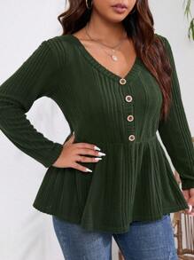 INAWLY Talla grande Camiseta con botón delantero peplum - Verde militar - Ver 5
