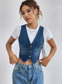 SHEIN EZwear Button Front Crop Denim Vest Jacket - Medium Wash - View 4