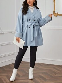 SHEIN Privé 大碼雙排扣束帶大衣 - 淺藍色 - 查看 1