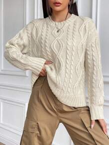 SHEIN Unity Cable Knit Drop Shoulder Sweater - Apricot - View 5