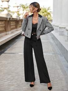 SHEIN Privé In Houndstooth Đôi ngực Áo vest - Đen và trắng - Xem 4