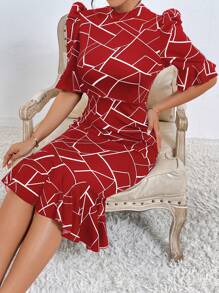 SHEIN Privé In Địa lý Ống tay áo Nàng tiên cá Hem Đầm - Đỏ và trắng - Xem 6