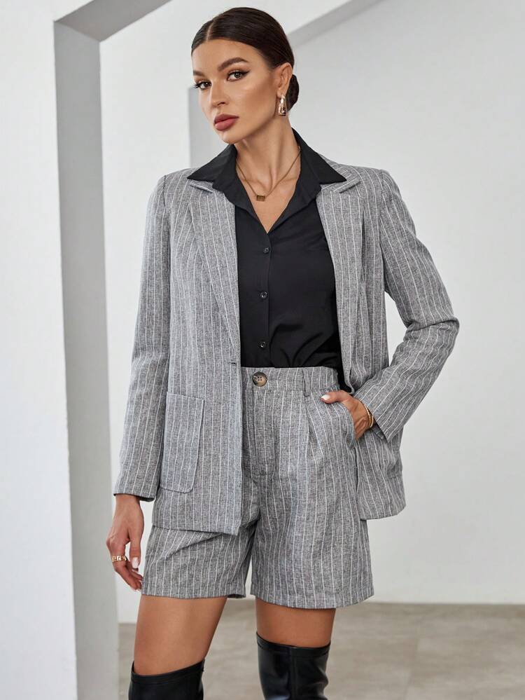 Striped Print Single Button Blazer & Shorts