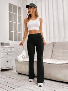 SHEIN EZwear 純色喇叭黑褲 - 黑色 - 查看 7