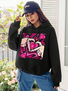 SHEIN EZwear 休閒簡約長袖帽衫，手勢愛心和字母印花設計，適合秋冬季節，女性超大尺碼 - 黑色 - 查看 10