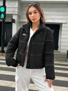 SHEIN EZwear Letter Patched Zip Up Padded Coat - Black - View 3