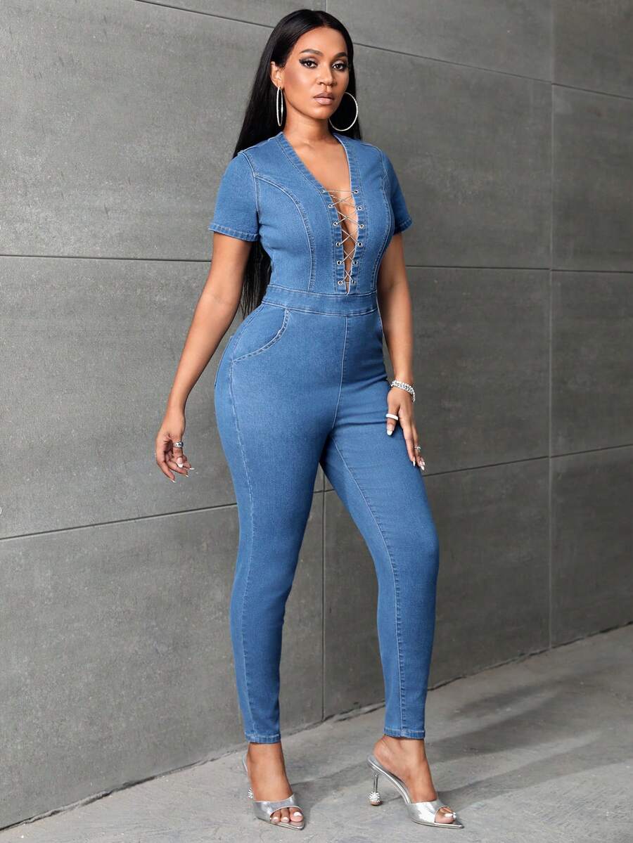 SHEIN SXY Cổ Lao Lace lên phía trước Quần áo nịt - Rửa nhẹ - Xem 1