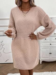 SHEIN LUNE Chất rắn Thả vai Đầm Áo len Không có thắt lưng - Màu Khaki - Xem 6