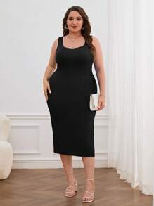 SHEIN Essnce Plus Split Thigh Tank Dress - Black - View 5