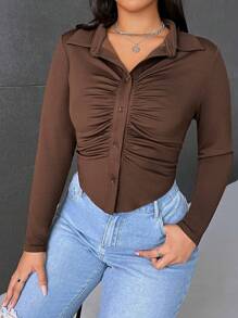 SHEIN EZwear Plus Ruched Button Front Tee - Chocolate Brown - View 1