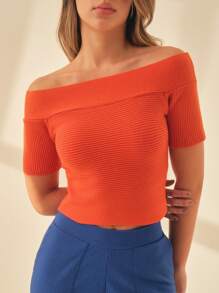 SHE(IN) BRASIL Off Shoulder Đồ đan Ribbed Áo - trái cam - Xem 1
