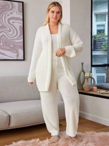 RueChic Plus Solid Drop Shoulder Cardigan & Knit Pants Without Tank Top - Beige - View 4