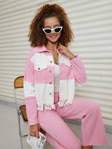 Teen Girl Two Tone Fringe Trim Drop Shoulder Denim Jacket - Multicolor - View 6