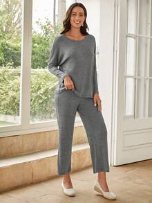 EMERY ROSE Chất rắn tay cánh Áo thun & quần - Xám - Xem 5