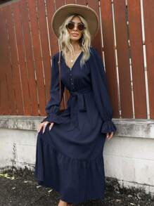 SHEIN Clasi Tay áo loe Xù Hoa Sen Váy có thắt lưng - Màu xanh hải quân - Xem 6